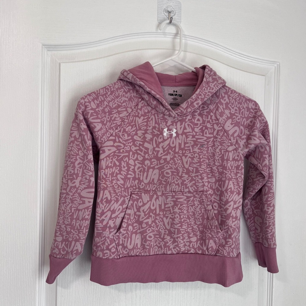 Under Armour Girls Pink Graffiti Wordmark Fleece Pullover Hoodie Size YSM Small